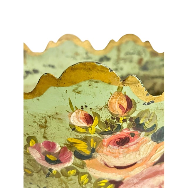 Vintage French Tole Cachepot With Hand-Painted Roses and Scalloped Rim For Sale - Image 10 of 15