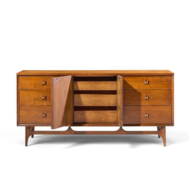 Broyhill Brasilia Mid Century Walnut and Brass Lowboy Dresser For Sale - Image 9 of 10
