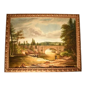 19th Century English Landscape Oil Painting with a Navigable Waterway, Framed