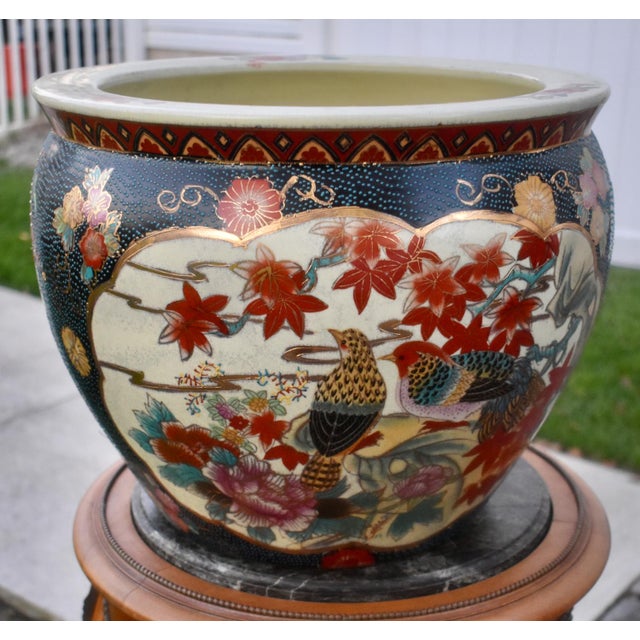 Ceramic Vintage Satsuma Style Ceramic Fish Bowl Planter Birds Floral Gold Gilt Large For Sale - Image 7 of 18