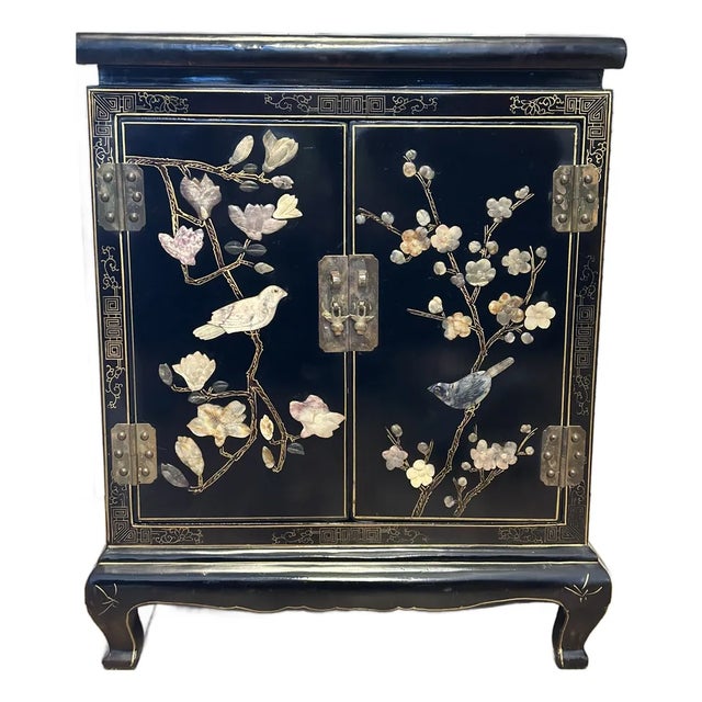 Late 20th Century Chinese Lacquered Hardstone & Soapstone Inlay Chinoiserie Cabinet Bird & Floral Motif For Sale