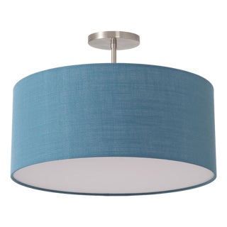 Stretch Semi Flush Mount 18"d Luminaire by Nova of California - Drum Turquoise Linen Shade, Satin Nickel, Dimmable For Sale