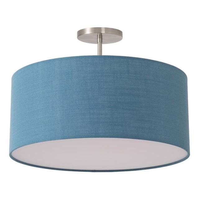 Stretch Semi Flush Mount 18"d Luminaire by Nova of California - Drum Turquoise Linen Shade, Satin Nickel, Dimmable For Sale