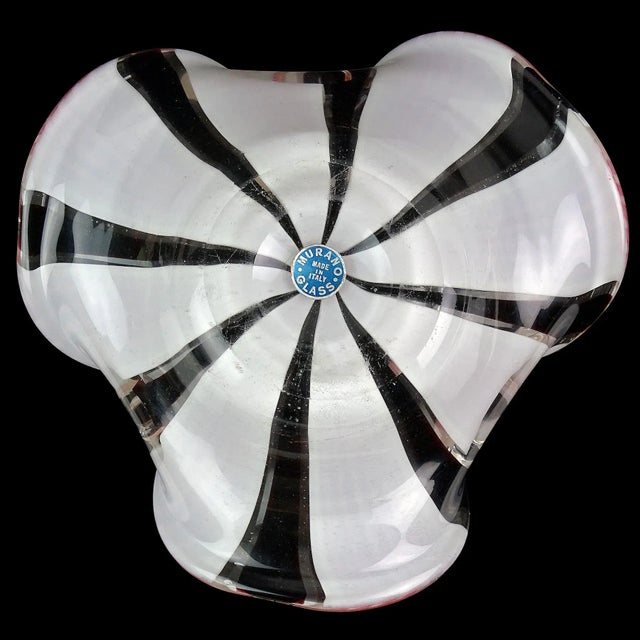 Vintage Murano Pink Black White Alternating Ribbons Italian Art Glass Folded Edges Decorative Bowl For Sale - Image 9 of 9