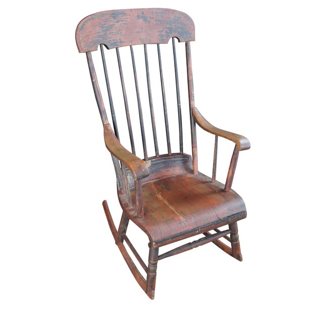 Victorian Antique Early American Country Farmhouse Windsor Slat Back Rocking Chair For Sale - Image 3 of 12