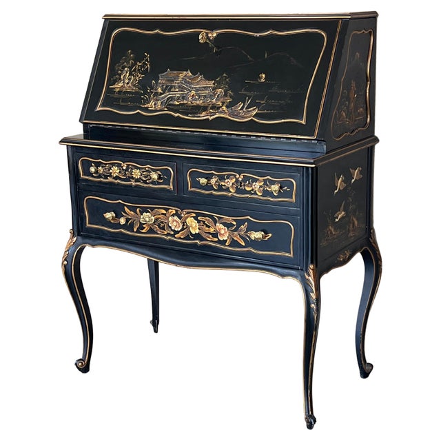 Chippendale Style Slant Top Desk in Black Lacquered Wood, circa 1900 For Sale - Image 15 of 18