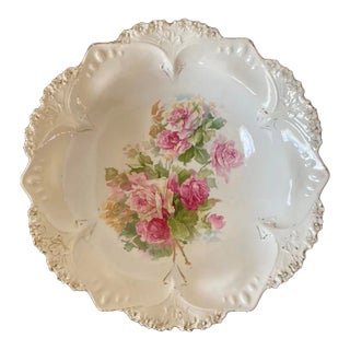 Early 20th Century German White and Pink Rose Porcelain Serving Bowl by Prussia- Large For Sale
