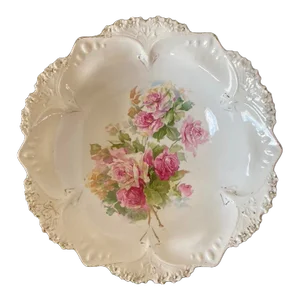 Early 20th Century German White and Pink Rose Porcelain Serving Bowl by Prussia- Large