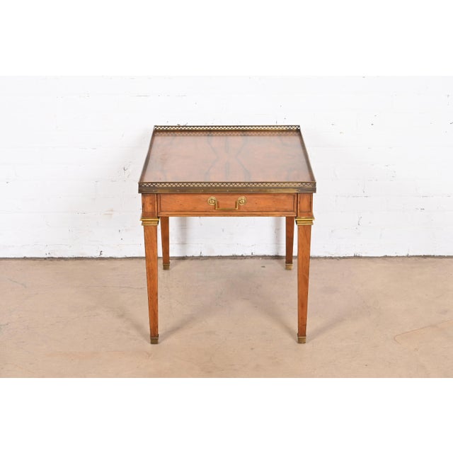 French Baker Furniture French Regency Louis XVI Walnut, Burl Wood, and Brass Tea Table For Sale - Image 3 of 11