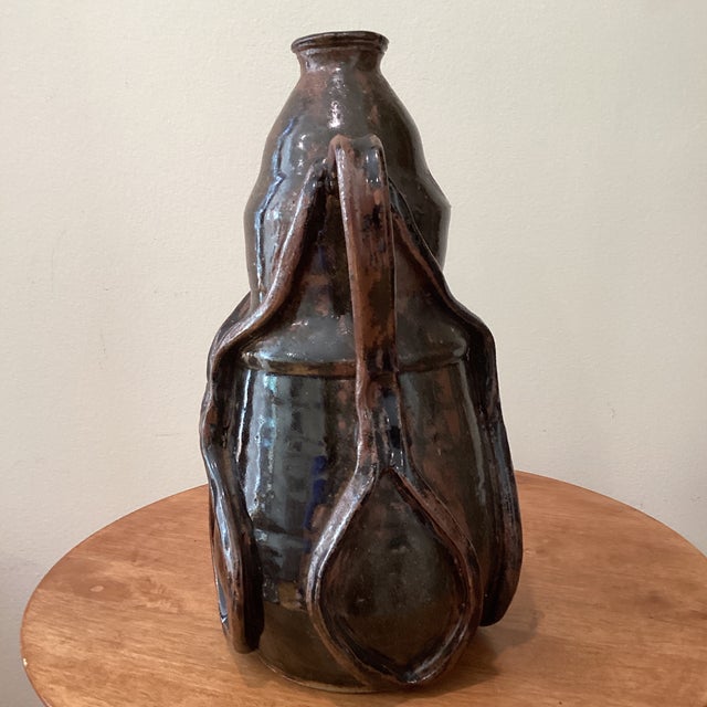 Mid 20th Century Vintage Art Nouveau Curved Shape Earthenware Double Handle Vase With Makes Mark For Sale - Image 5 of 12
