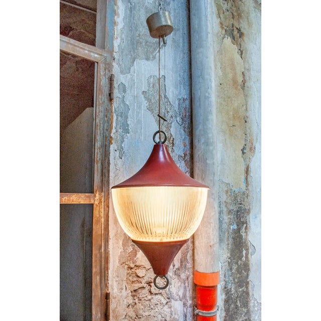 - Chandelier painted metal and industrial molded glass, chrome-plated brass details - Designer Sergio Mazza - 60s This...