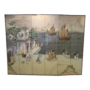 Early 20th Century Traditional Chinese Export Chinoiserie Style Large Six Panel Folding Silverleaf Screen of Harbor
