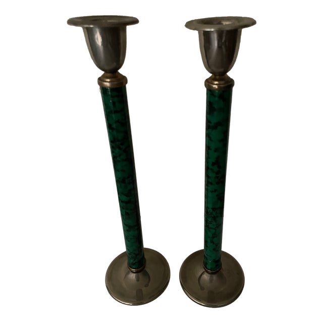 Faux Malachite Candlesticks, 1980s, Set of 2 For Sale