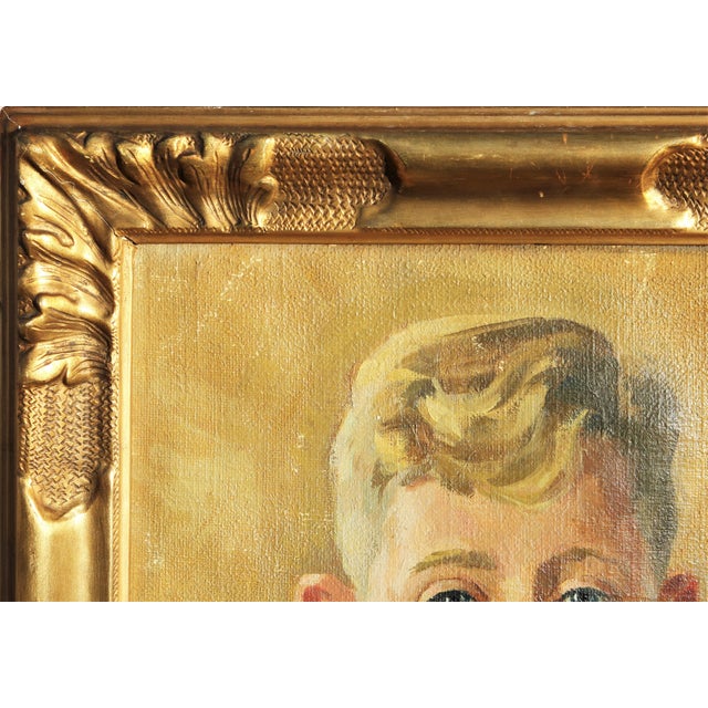 Textile Hans Christian Barenholdt Figurative Yellow and Blue-Toned Realistic Impressionist Portrait of a Boy, 1940s For Sale - Image 7 of 10