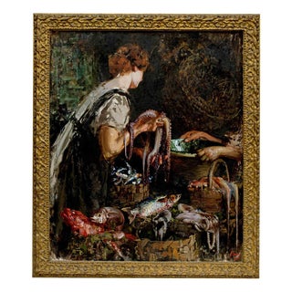 Vincenzo Irolli, At the Fish Market, 1922, Oil on Canvas, Framed For Sale