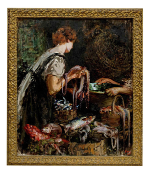 Vincenzo Irolli, At the Fish Market, 1922, Oil on Canvas, Framed