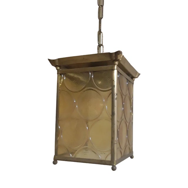 Small Lantern Shaped Ceiling Lamp with Brass Mount and Yellow Patterned Glass Shade, 1960s For Sale