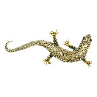 Large 4" Salamander Lizard Crystal Gold Plated Brooch by Maresco 1980s For Sale