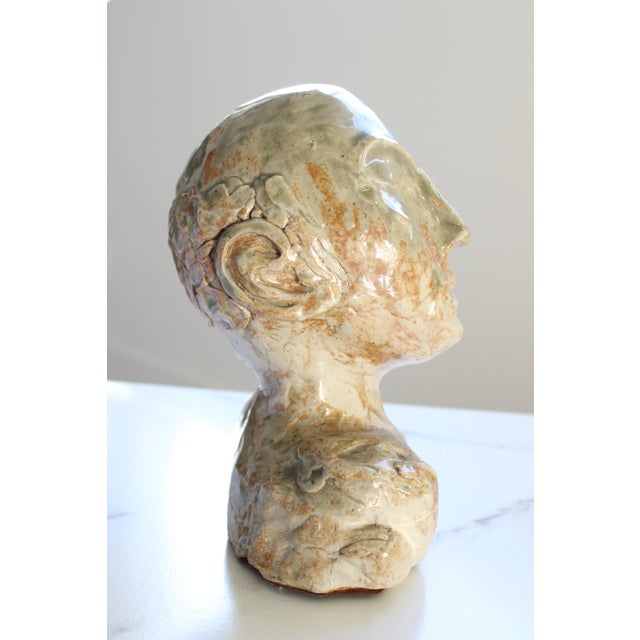 Paint Circa 1940's -1950's Male Bust Sculpture/Glazed Clay Pottery For Sale - Image 7 of 9