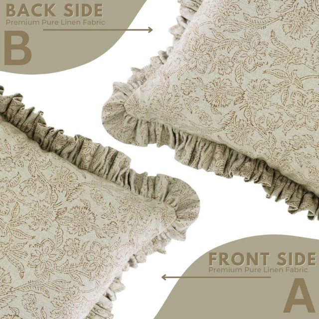 Not Yet Made - Made To Order Fabdivine Ethnic Block Print Frill Cushion Cover Brown 18x18 Inch Pure Linen- Jarul For Sale - Image 5 of 5