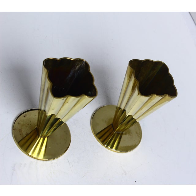 Goldenrod Scandinavian Modern Squared and Fluted Brass Vase by Gunnar Ander for Ystad-Metall, 1960s, Set of 2 For Sale - Image 8 of 10