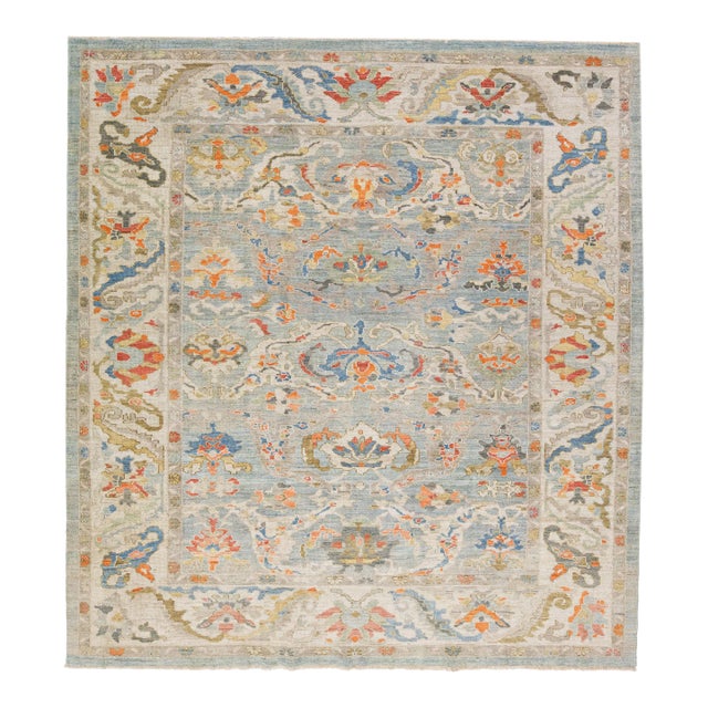 Early 21st Century Handmade Modern Square Sultanabad Wool Rug in Blue With Floral Design For Sale