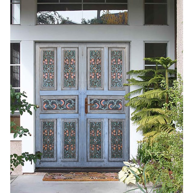 Mediterranean Mediterranean Hand-Carved Door in Distressed Blue With Ornate Floral Panels Custom Size Interior/Exterior For Sale - Image 3 of 18