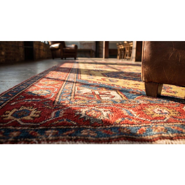 Textile 1900s Yellow Canary Geometric Hand Knotted Antique Caucasian Karabagh Rug 4'2" X 11' Wool Carpet For Sale - Image 7 of 8