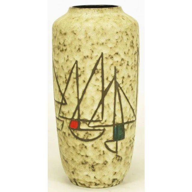 Mid-Century Modern Scheurich West Germany Earthen Pottery Vase With Sail Boats For Sale - Image 3 of 7