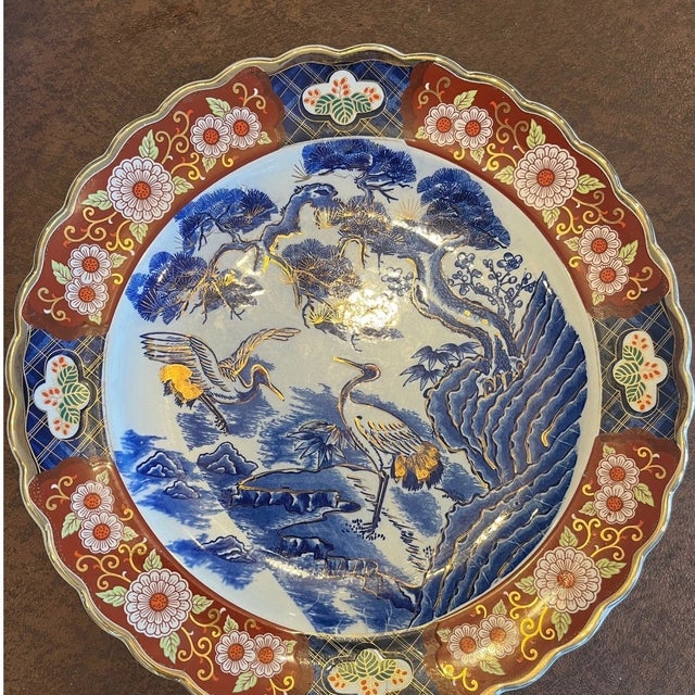 Large 16.5" Vintage Japanese Crane & Pine Charger - Hand-Finished Porcelain Art For Sale - Image 4 of 6