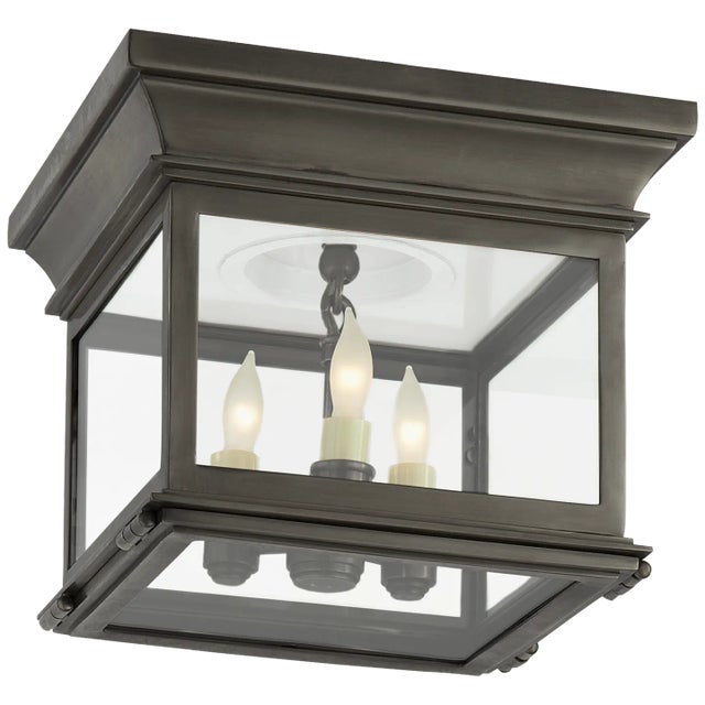 Club Small Square Flush Mount in Bronze with Clear Glass Designer: Chapman & Myers Mounting: Flush Socket: 3 - E12...