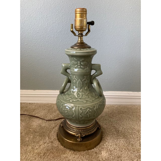 Mid 20th Century Deep Green Celadon and Brass Chinese Table Lamp For Sale - Image 10 of 10
