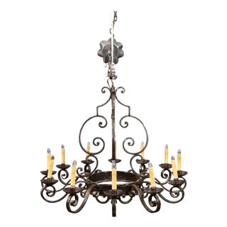 Mid 20th Century Mid Century Modern French Steel 12-Light Chandelier with Scrolls and Dark Patina For Sale