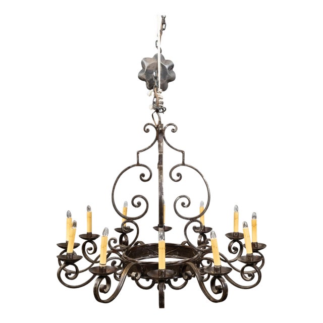 Mid 20th Century Mid Century Modern French Steel 12-Light Chandelier with Scrolls and Dark Patina For Sale