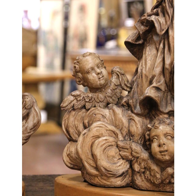 Pair 18th Century Italian Baroque Carved Painted Wood Adoring Angel Sculptures For Sale - Image 9 of 16