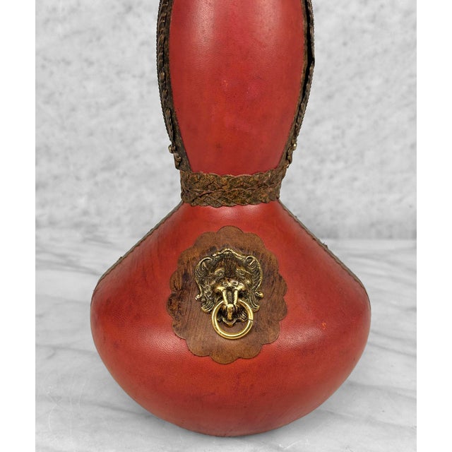 Red Vintage Italian Revival Red Leather Cognac Decanter W/ Lion Head Motif For Sale - Image 8 of 10