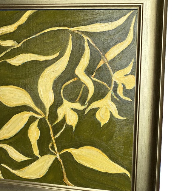 Contemporary Original Botanical Leaf Painting in Brushed Gold Frame, Oil on Canvas, 14.5" X 14.5" by Tatiana Duperault For Sale - Image 3 of 5