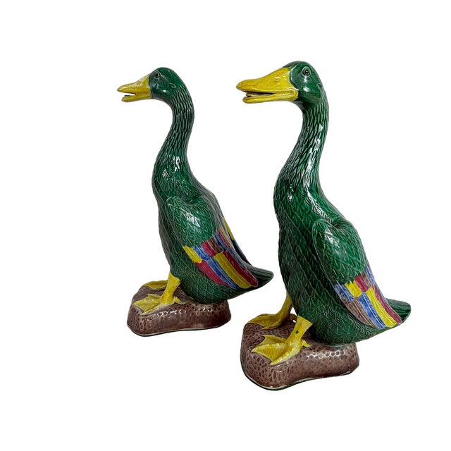 Green Mid 20th Century Chinese Export Hand-Painted Polychrome Ceramic Mallard Ducks - A Pair For Sale - Image 8 of 10