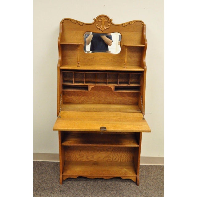 Antique Victorian Golden Oak Slant Drop Front Secretary Desk Bookcase W