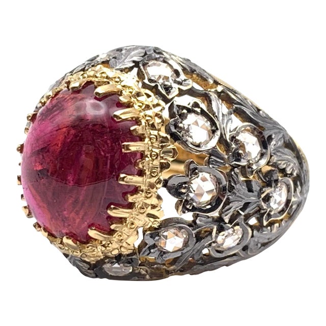Black Gold Rubellite Tourmaline and Diamond Florentine Ring Size 6.5 For Sale