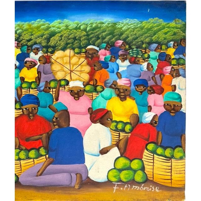 Figurative Vintage Haitian Folk Art Market Scene Oil Painting Signed F. Ambroise For Sale - Image 3 of 8