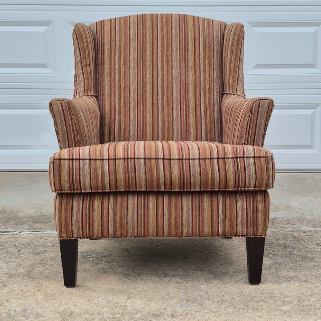 2010s 2010 Stratford Caye Transitional Striped Cocoa Brown Wingback Arm Chair For Sale - Image 5 of 13