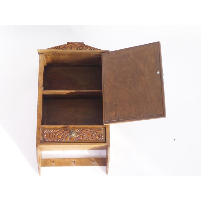 1940s Small Wooden Apothecary Wall Cabinet with Mirror, Carved Floral Details and Drawer, 1940s For Sale - Image 5 of 11