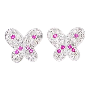 Natural Diamond and Pink Sapphire Cluster Butterfly Stud Earrings in 14K White G