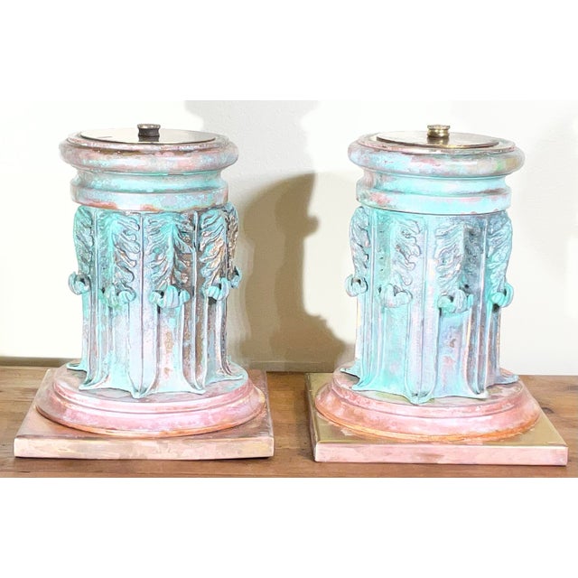Stunning Pair of Solid Copper and Bronze Architectural Column Sculptures / Bases For Sale - Image 13 of 13
