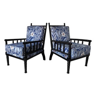 Modern Black Ebonized Bobbin Spindle Accent Lounge Chairs – A Pair For Sale