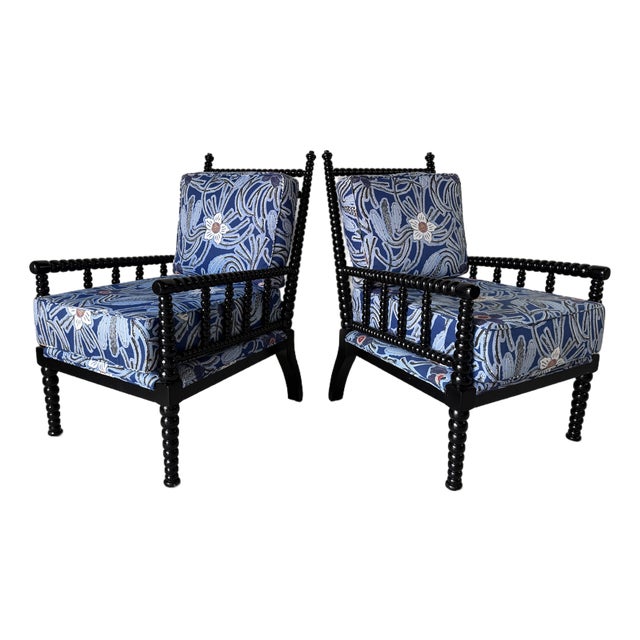 Modern Black Ebonized Bobbin Spindle Accent Lounge Chairs – A Pair For Sale