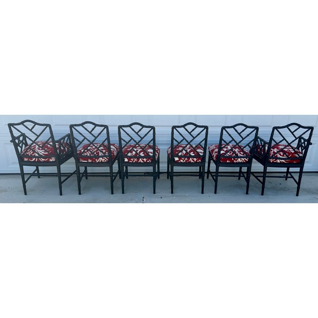 Wood Set of Six 1970s Black Chinese Chippendale Style Faux Bamboo Dining Chairs For Sale - Image 7 of 12