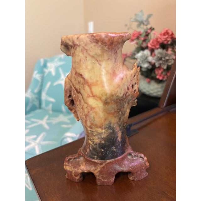 Chinese Antique Chinese Carved Soapstone Floral Vase, Sculptural High-Relief For Sale - Image 3 of 6