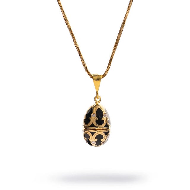 Contemporary Lucky Clover Black Enamel Egg Gold Necklace For Sale - Image 3 of 8